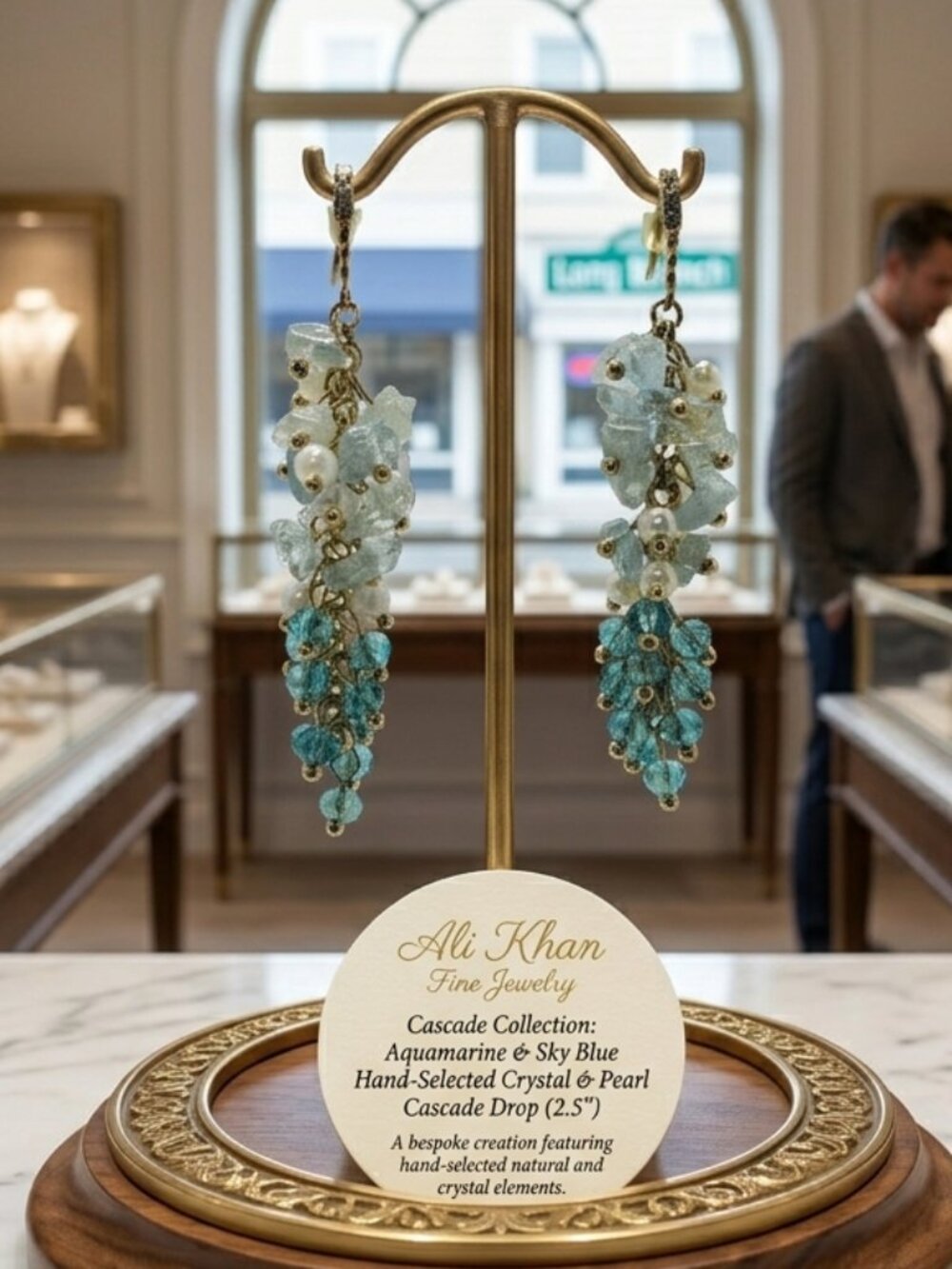 Ali Khan crystal glass bead cluster cascade drop earring aquamarine sky blue